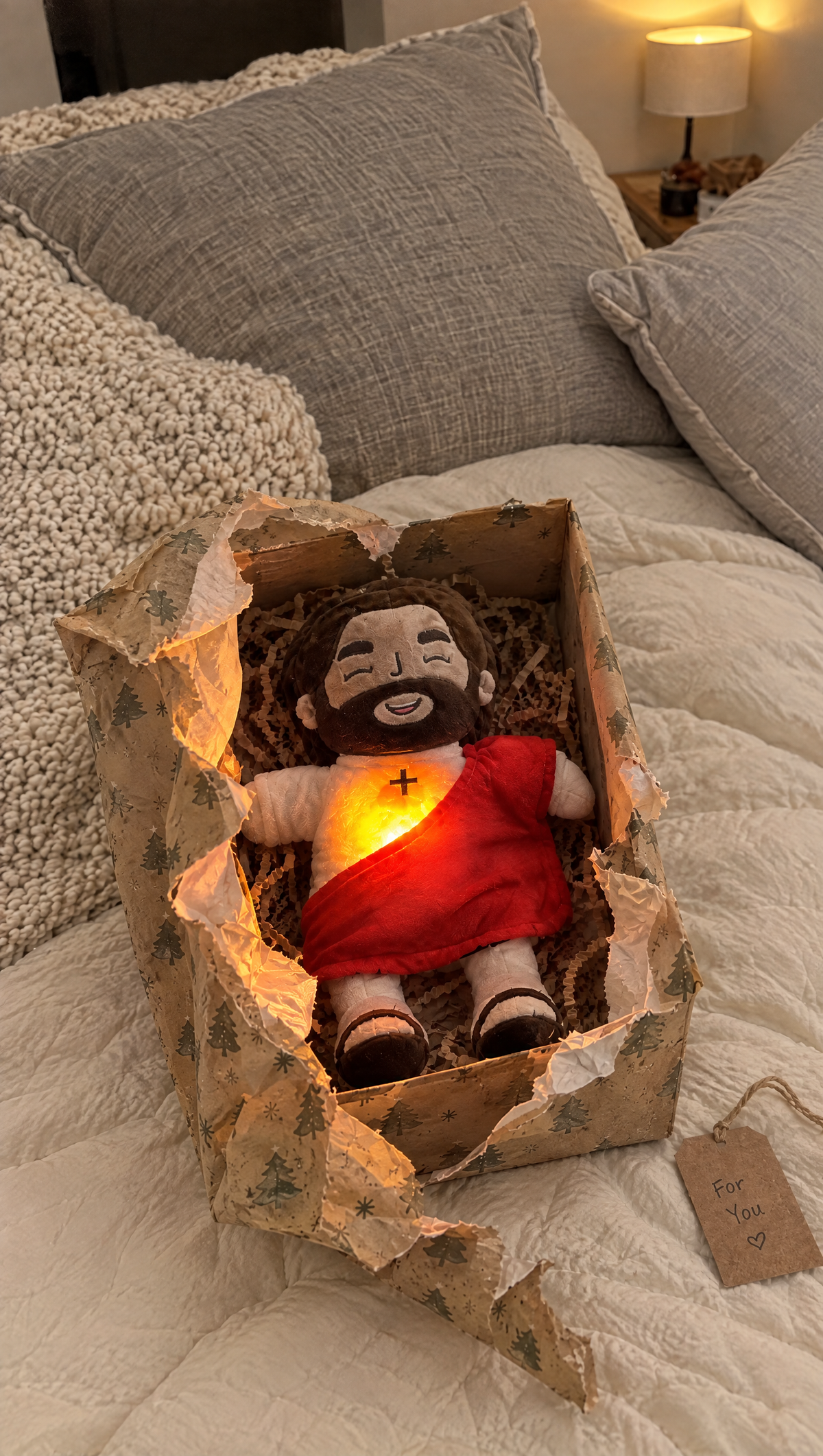Glowing Jesus plush in a gift box with Christmas wrapping paper