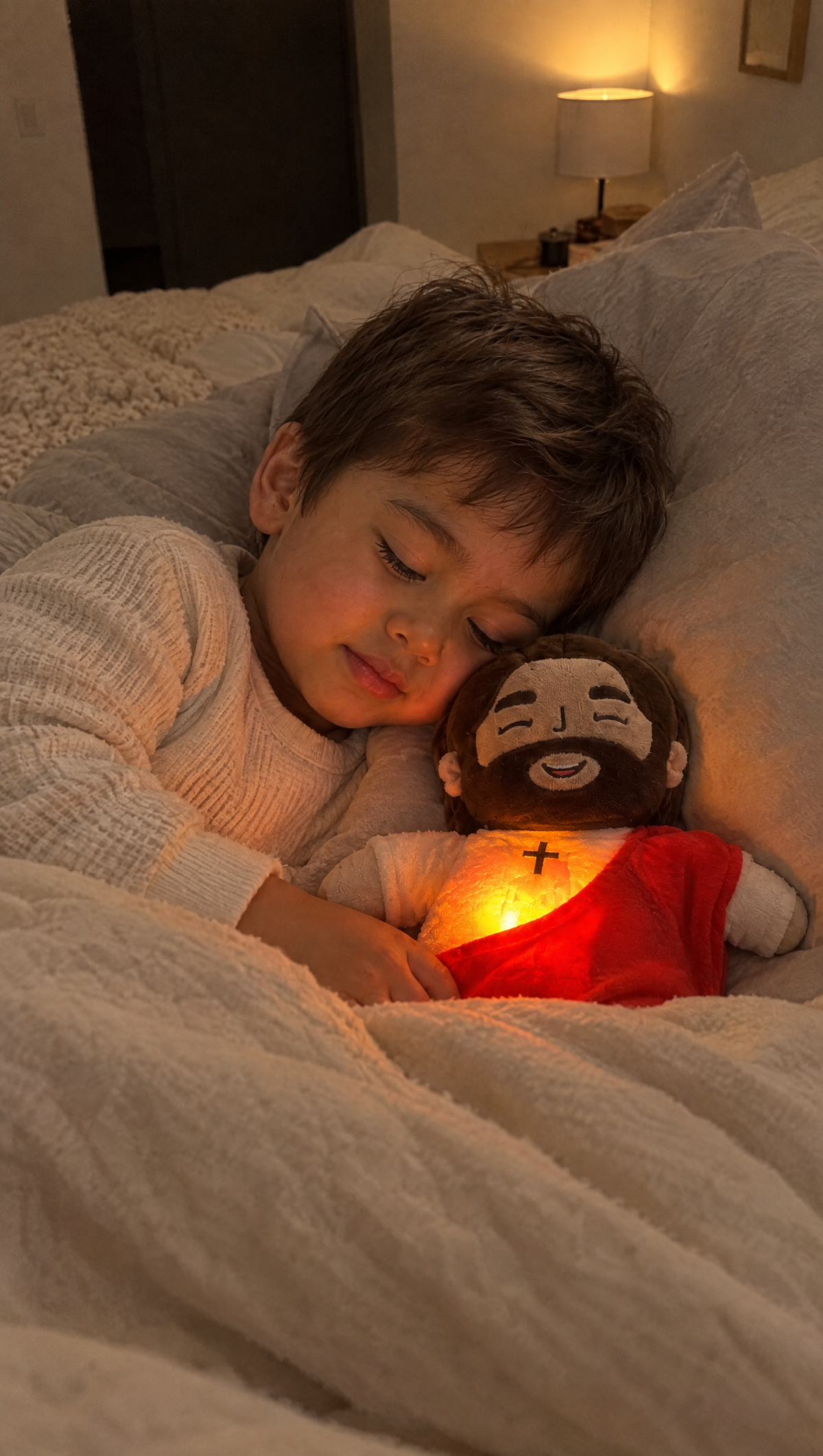 Child sleeping peacefully while hugging the glowing Jesus plush
