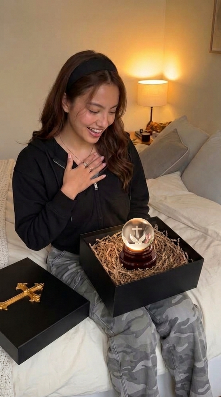 Crystal cross and praying hands ball in its gift box