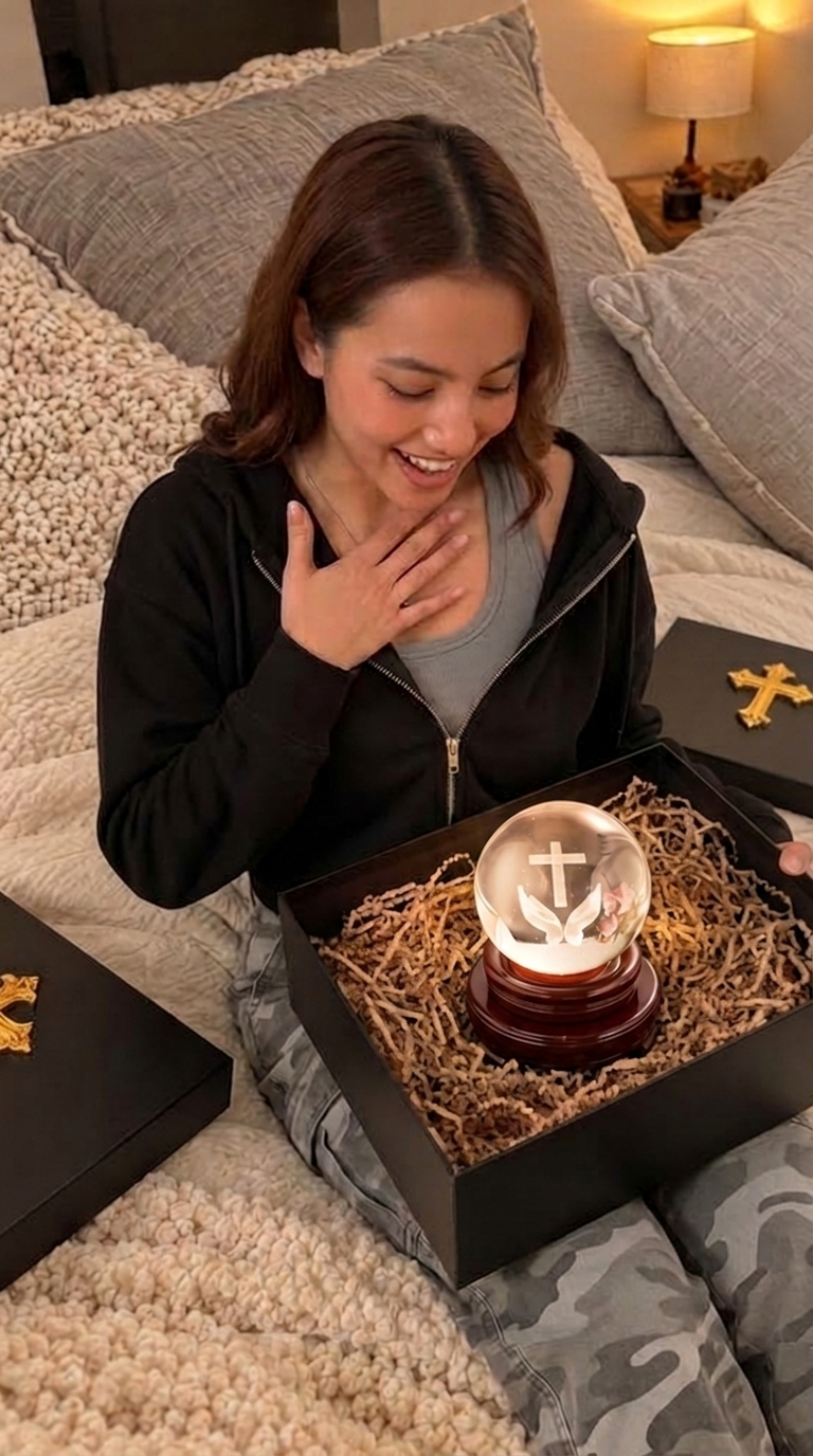 Woman smiling at the crystal ball gift in its box