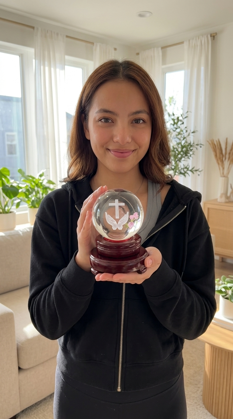 Woman holding the crystal cross and praying hands ball in a sunlit living room