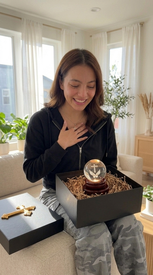 Woman unboxing the crystal ball gift from a black box with a gold cross